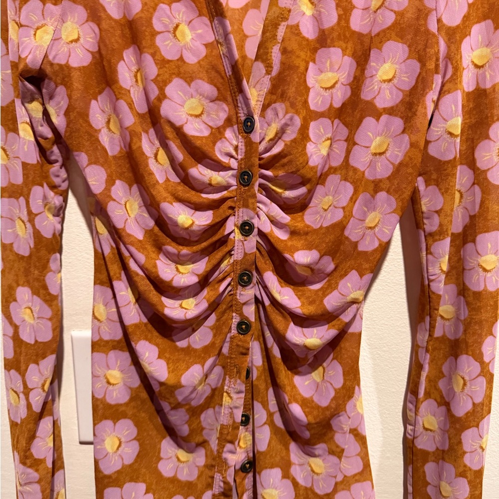 Free People Rust Brown Floral Ruched Button-Front Top - Picture 3 of 5